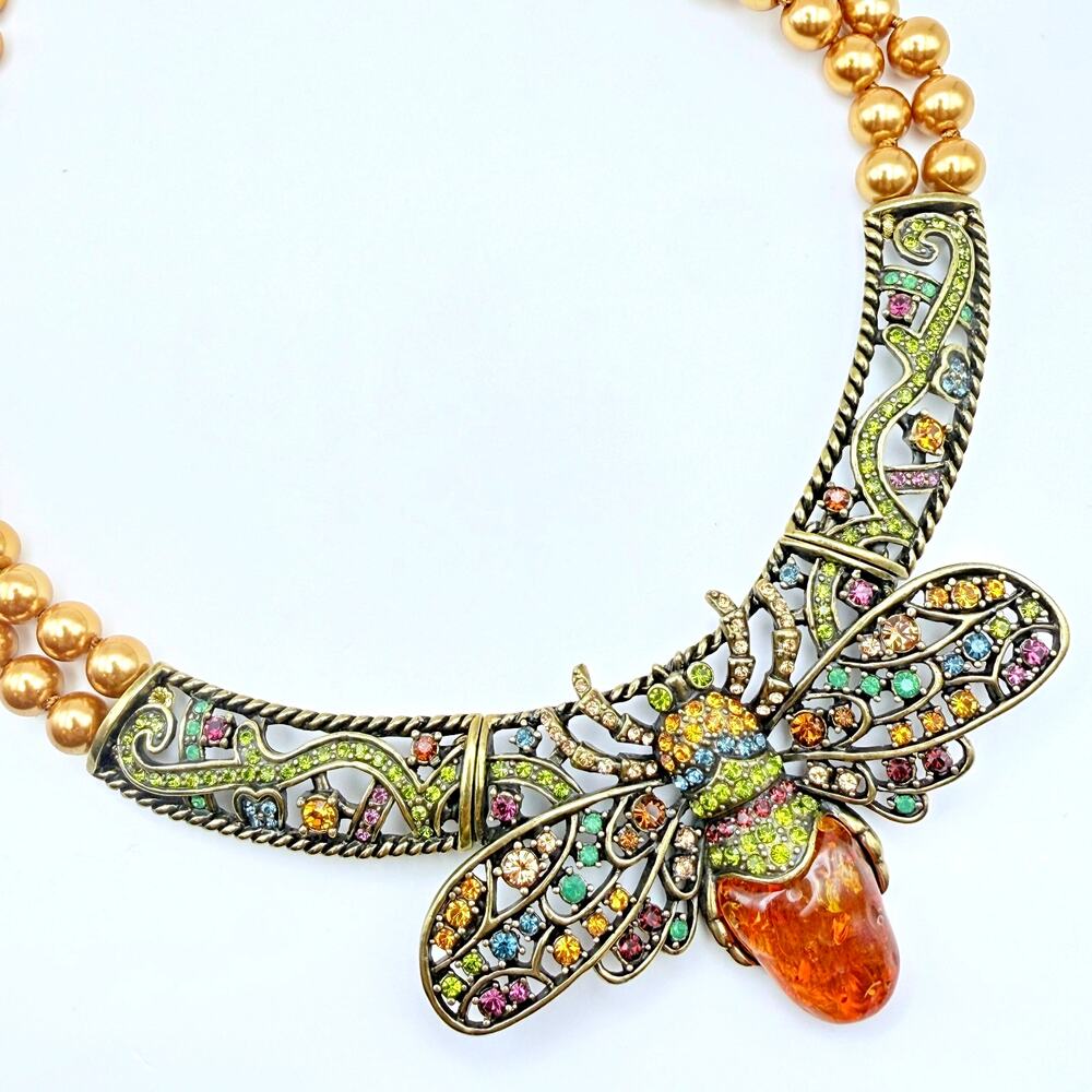 HEIDI DAUS Statement Bee Bib Necklace Multi Color Crystal Gold Faux Amber Pearl